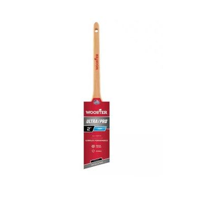 A 2-inch WOOSTER Ultra/Pro Firm Thin Angle Sash Paint Brush features a wooden handle with a red label on the bristles, ideal for professional painters. The brand name is displayed in red near the top of the light-colored handle, offering precision and firmness.